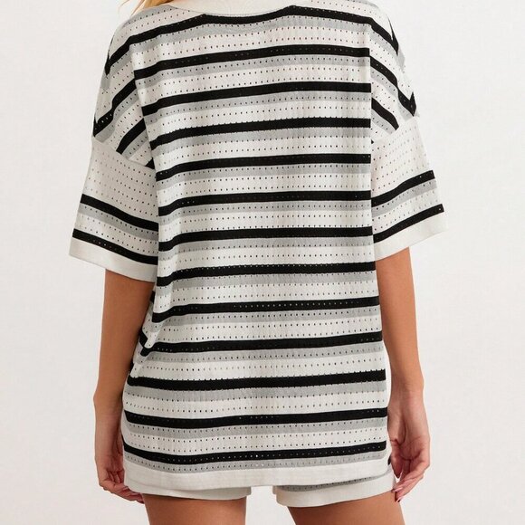Black Casual Women's Stripe Contrast Button Crochet Knit Tops & Shorts Set - Picture 3 of 10